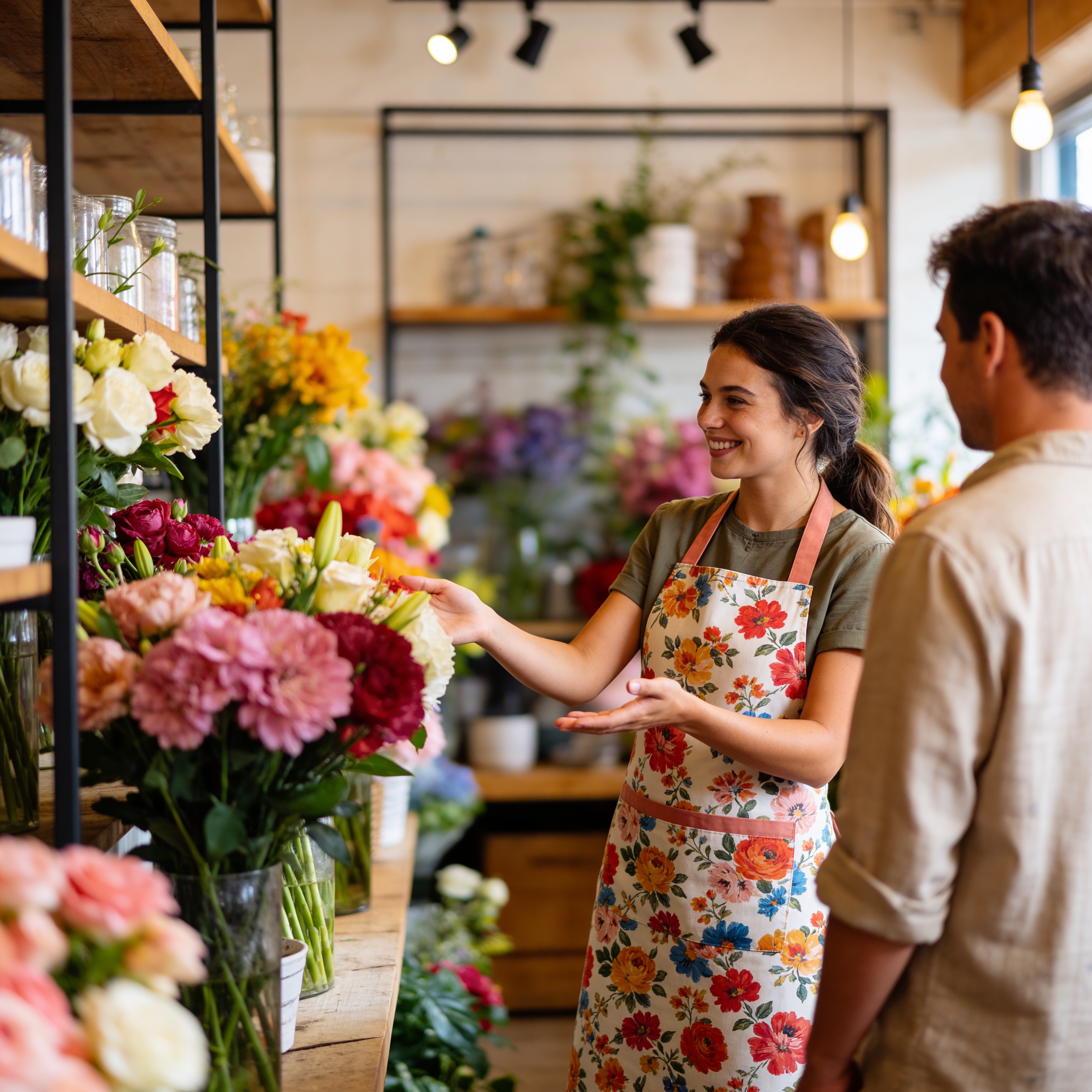 Blije bloemiste in haar bloemenwinkel
