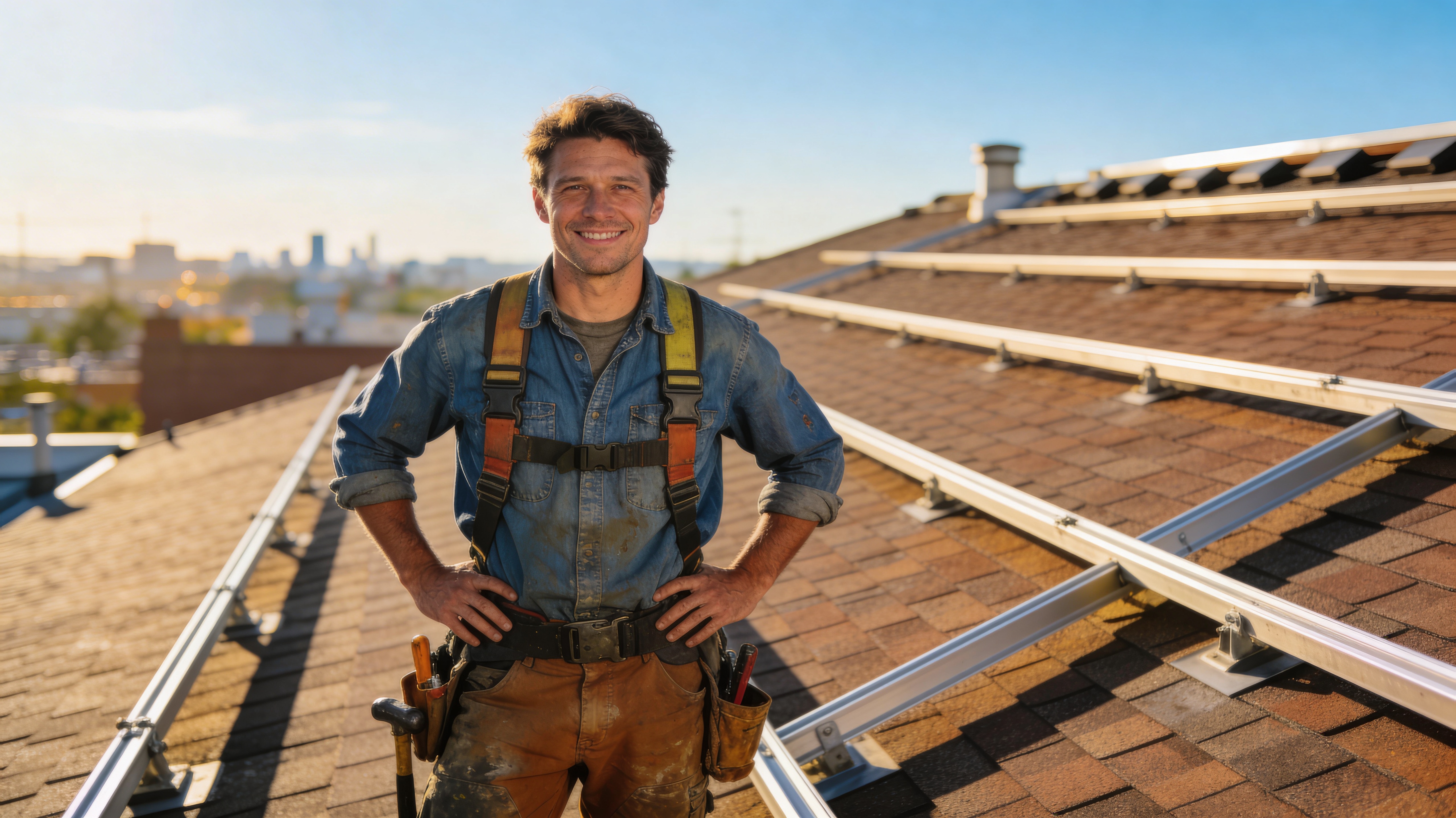 Blije dakdekker op het dak